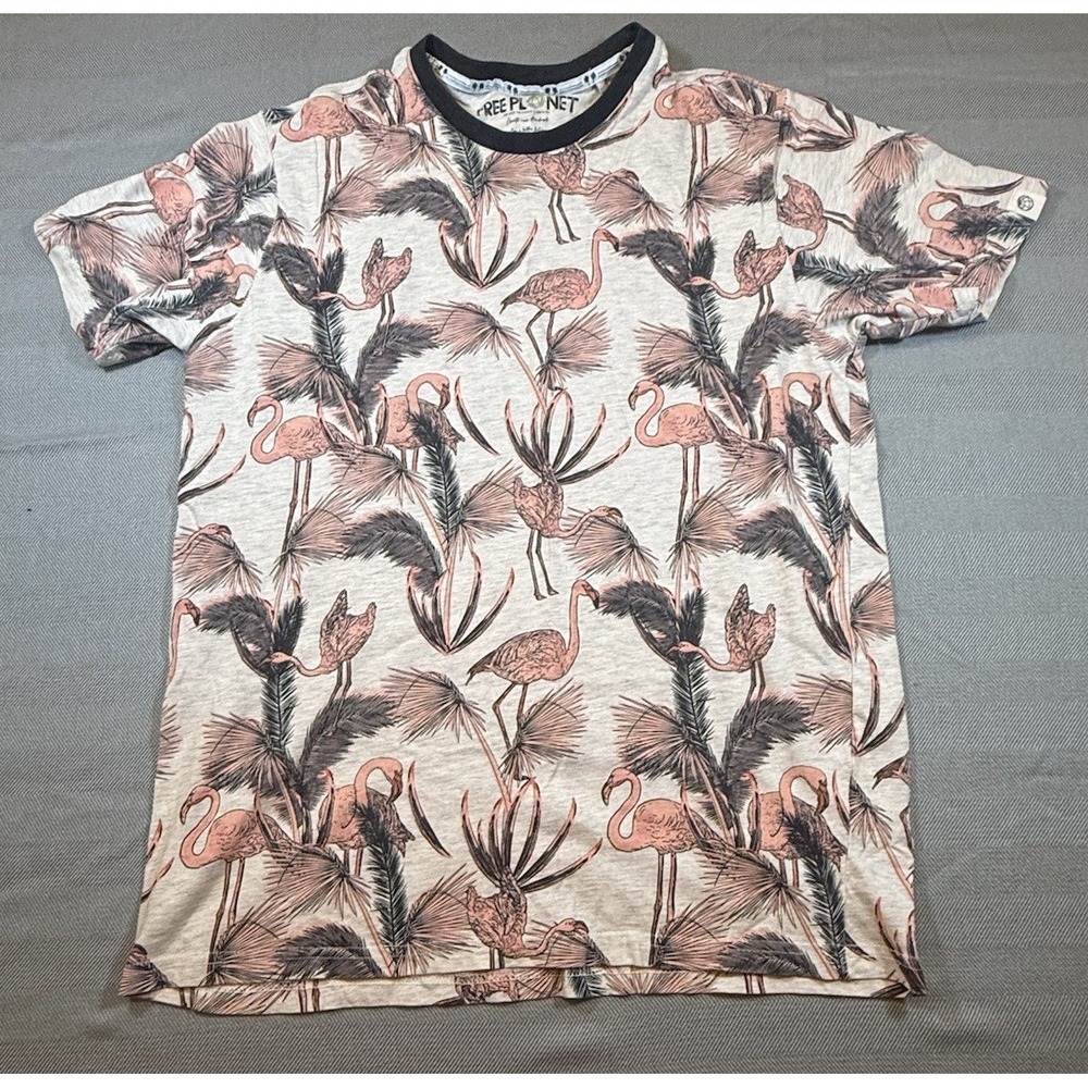 Free Planet Oatmeal Flamingo & Palm Print Graphic T Shirt Size Large